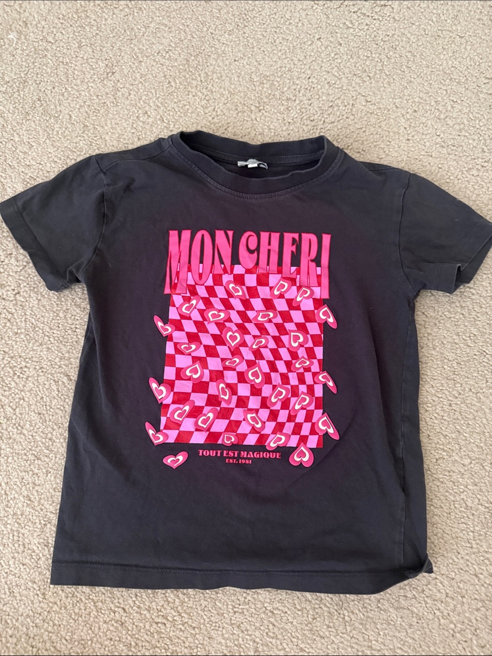 Girls' charcoal grey Short Sleeve Tee with Pink 'Mon Cheri' Graphic